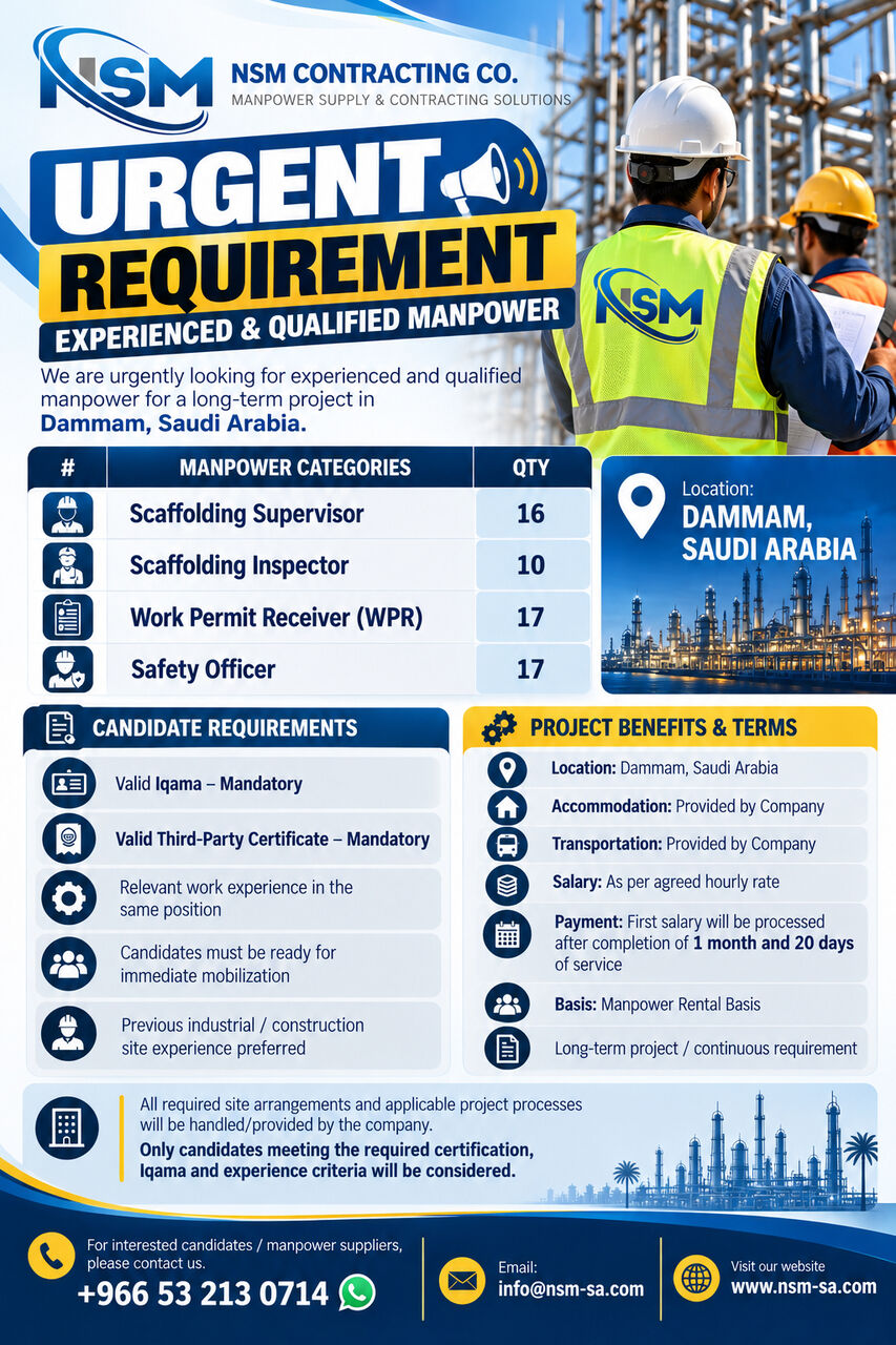 Dammam, Jobs, URGENT REQUIREMENT &ndash; SAFETY OFFICER, SCAFOLDING SUPERVISOR, SCAFOLDING INSPECTOR & WPR