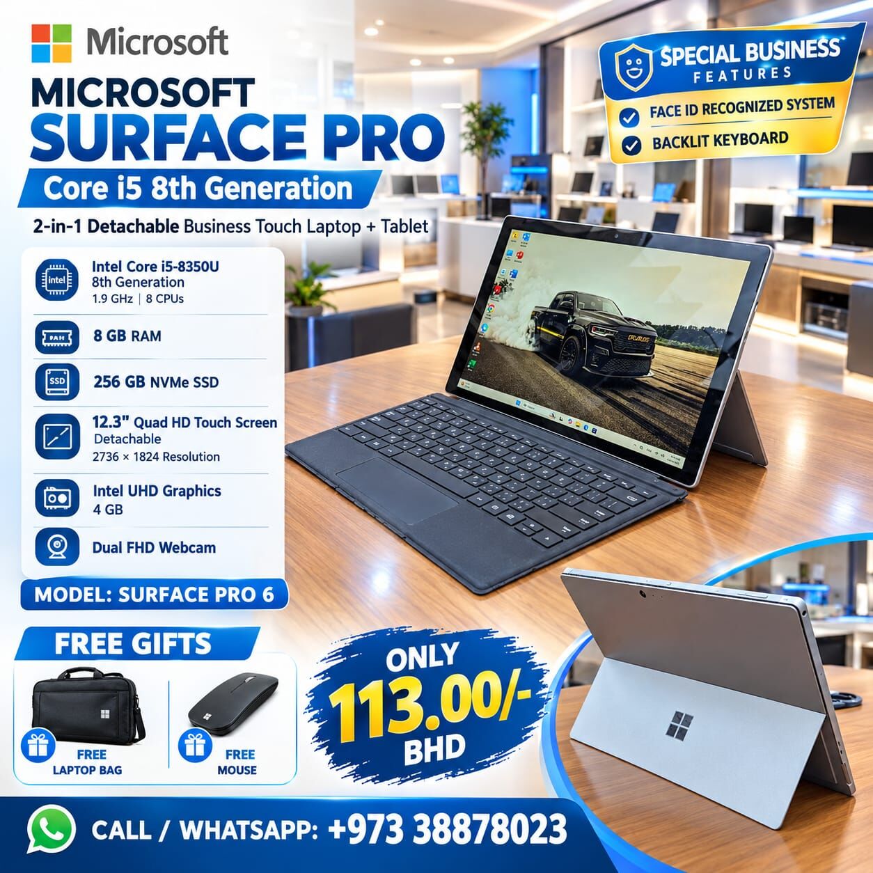 Manama, Tablet Computers, BHD 113,  Surface Pro Core I5 8th Gen 2in1 Detachable Touch Laptop + Tablet 12.3 Quad Display