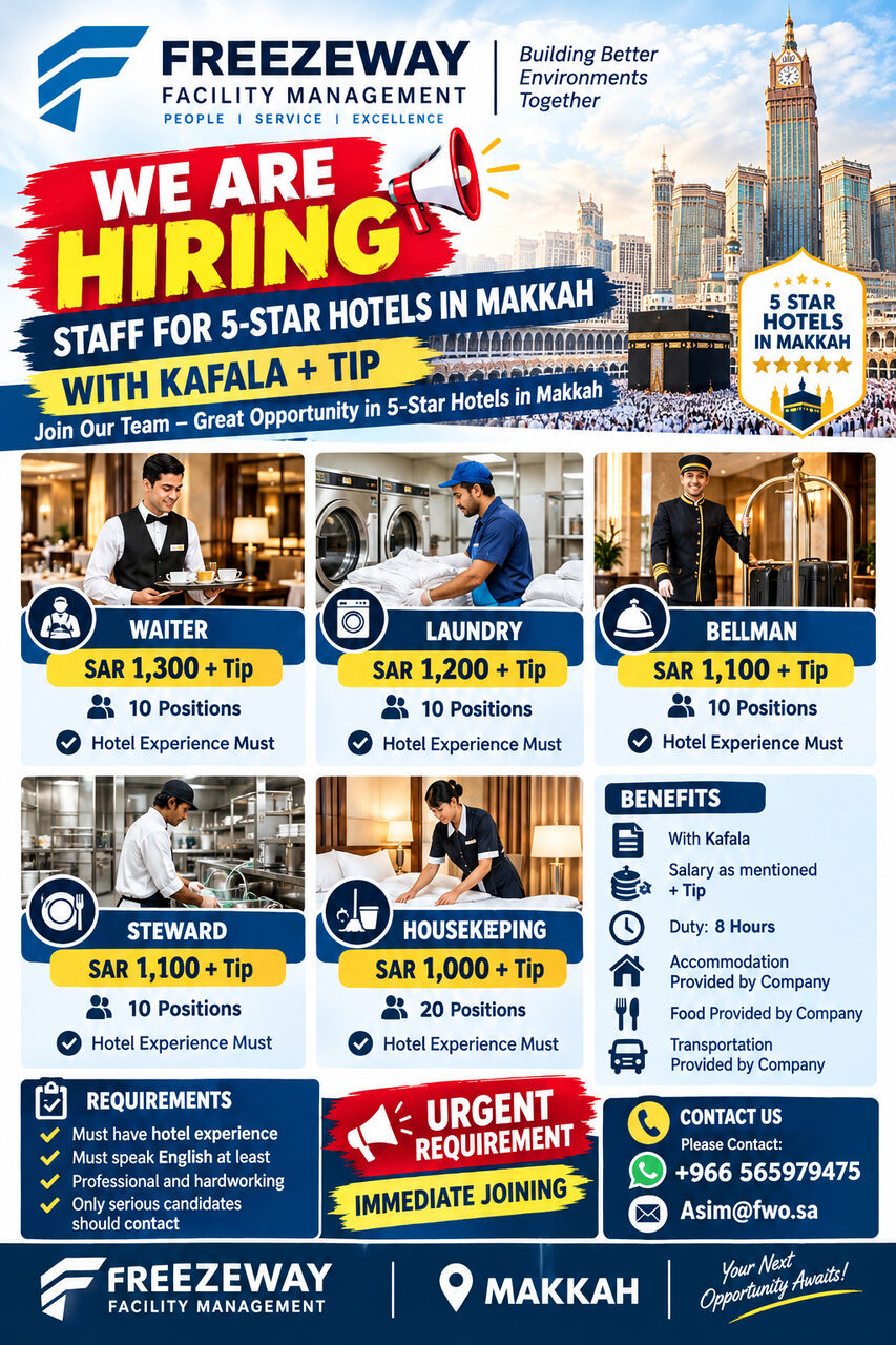 Makkah, Jobs, Housekeeping Staff Kitchen Stwerid