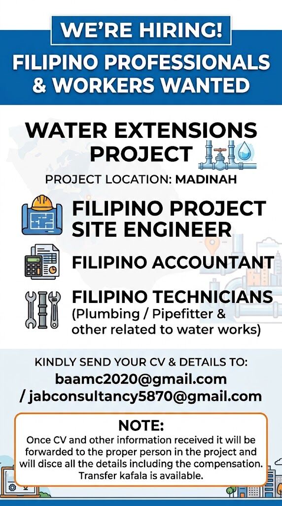 Madinah, Jobs, Filipino Site Engineer/Accountant/Technicians (for Water Extensions Project)