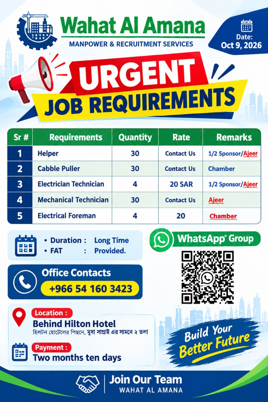Jubail, Jobs, Urgently Recruitment Helper, Cable Puller, E & I Technician