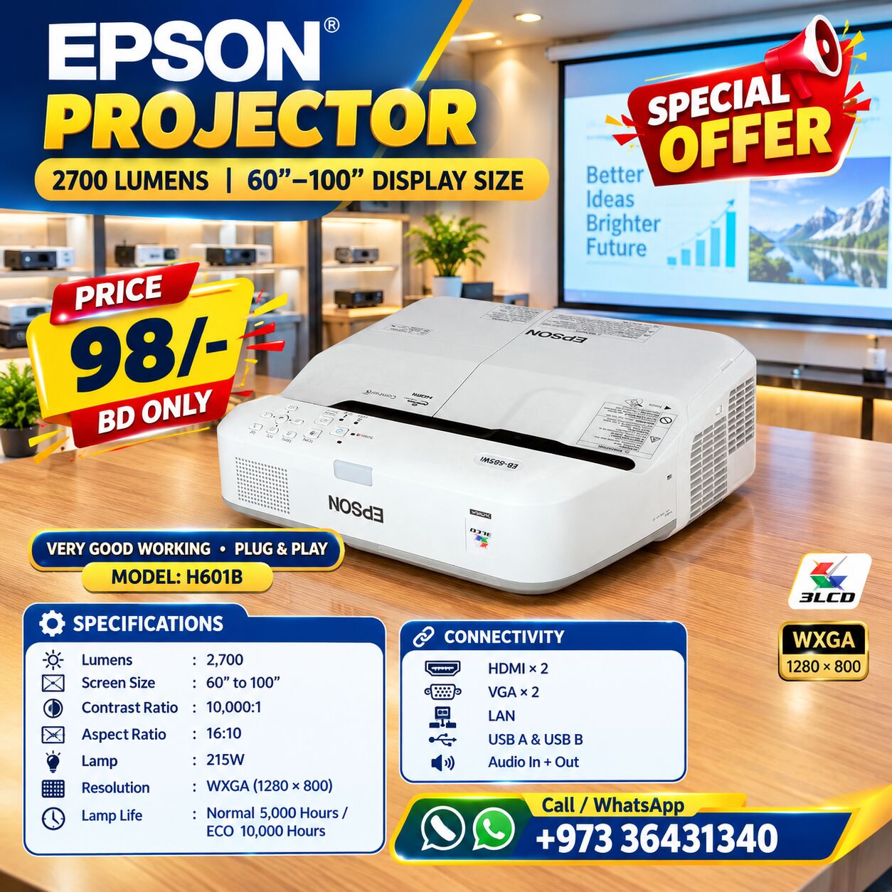 Manama, Computers, BHD 98,  Epson DLP Projector 100" Screen Size Lumens 2,700 - Very Good Working - Plug & Play