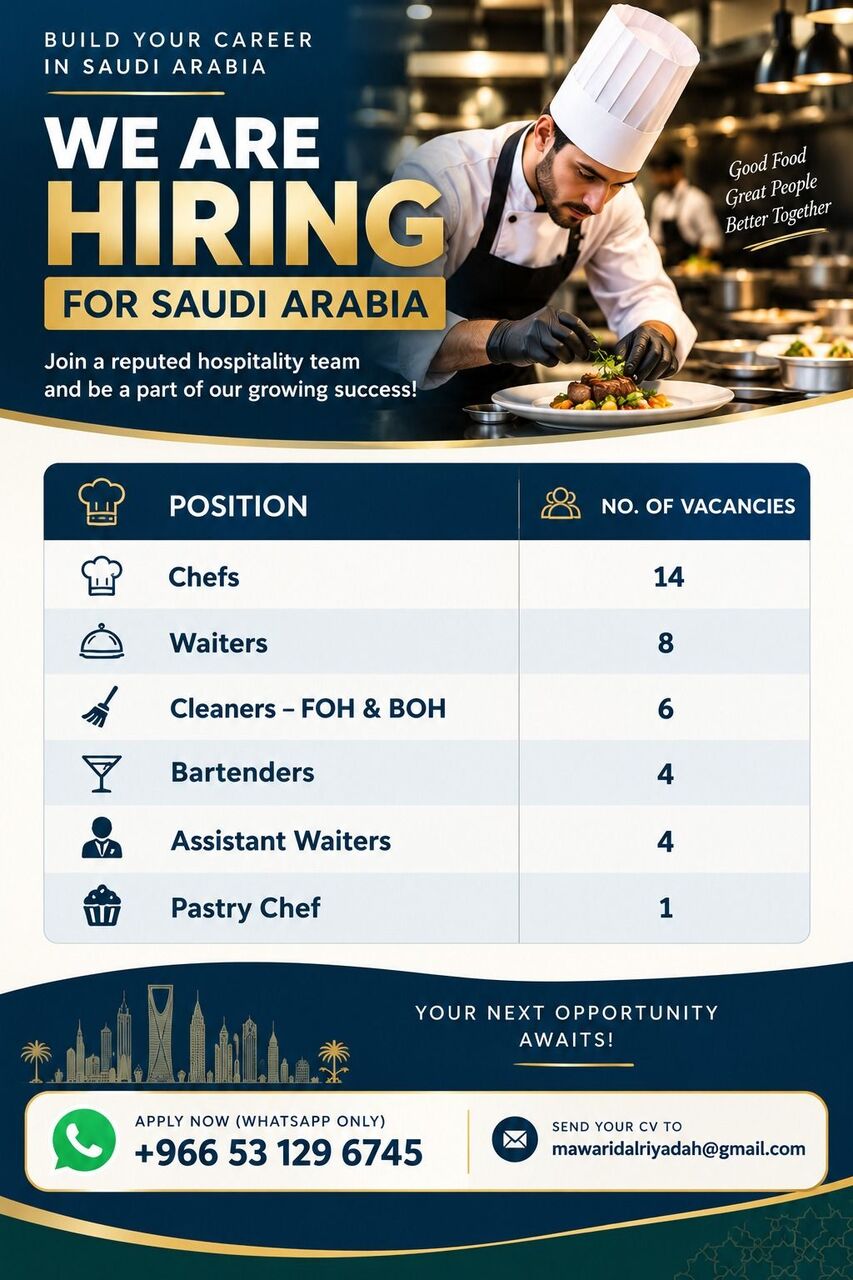 Al Olaya, Jobs, WALK-IN INTERVIEW &ndash; HOSPITALITY STAFF REQUIRED | RIYADH