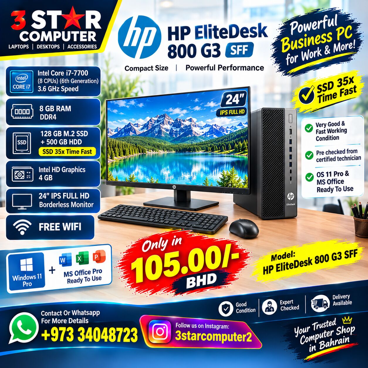 Manama, Computers, BHD 105,  HP Core I7 3.60GHz Speed PC SSD 35x Time Fast 24" IPS FHD Borderless Monitor FREE WIFI