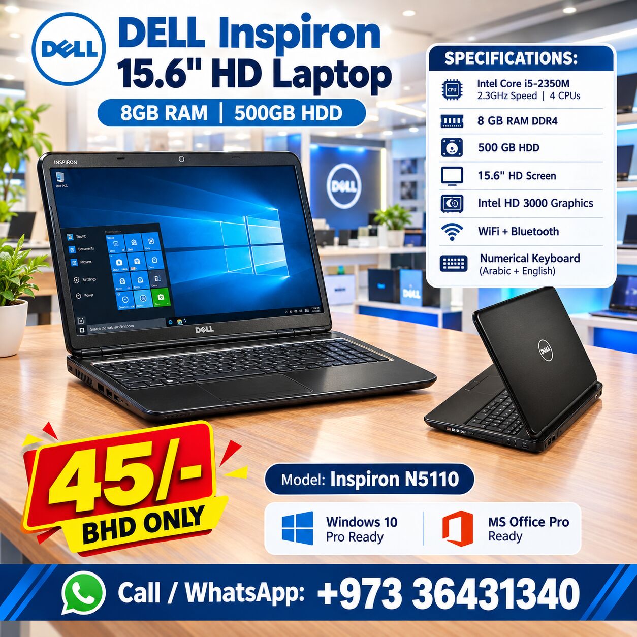 Manama, Computers, BHD 45,  DELL Inspiron Core I3 Laptop 15.6" HD Screen 8GB RAM + 500GB Hard Drive Free Bag & Mouse