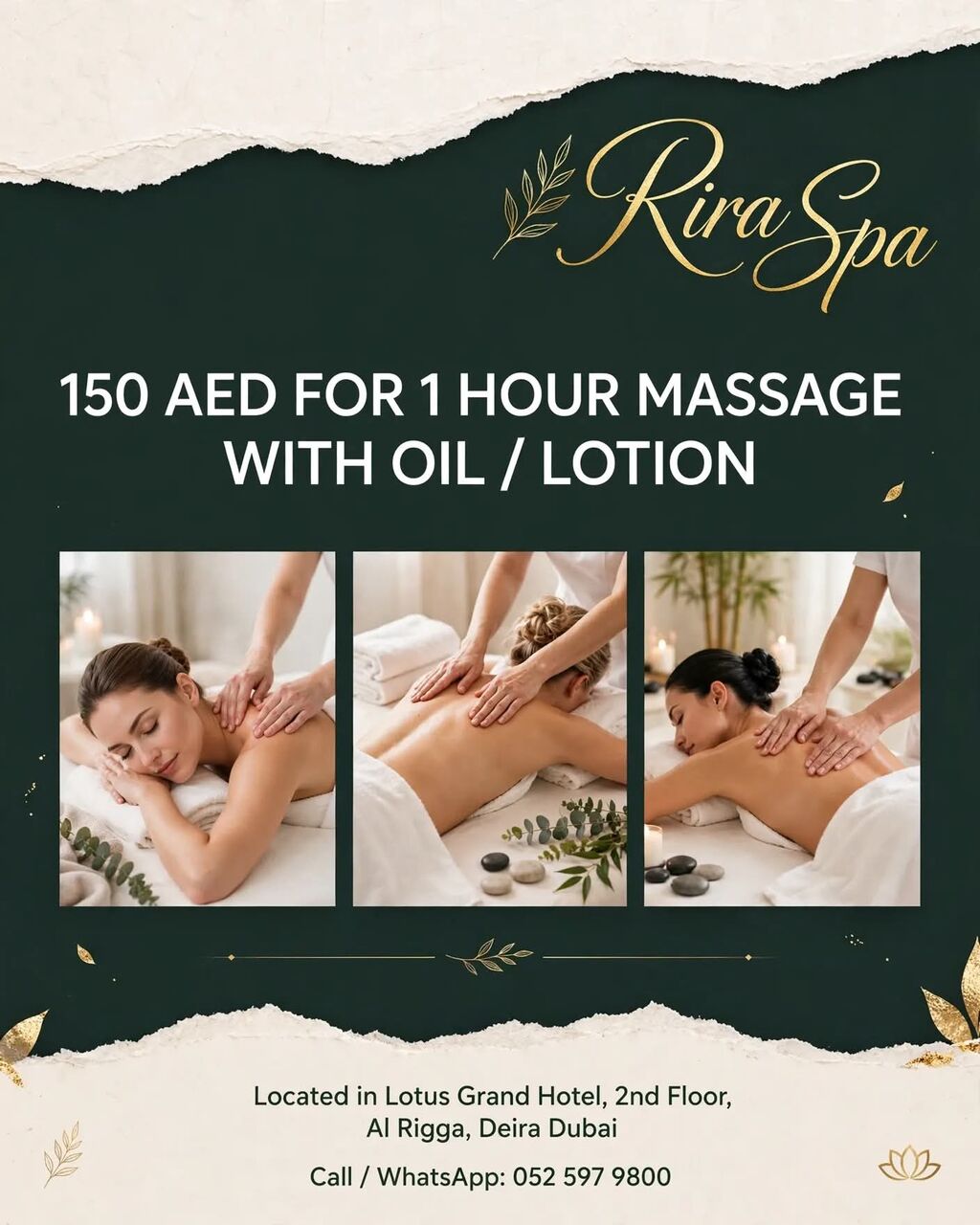 Deira, Health & Beauty Items, AED 150,  Rira Spa Offer 150 AED Full Body Massage With Oil Or Lotion