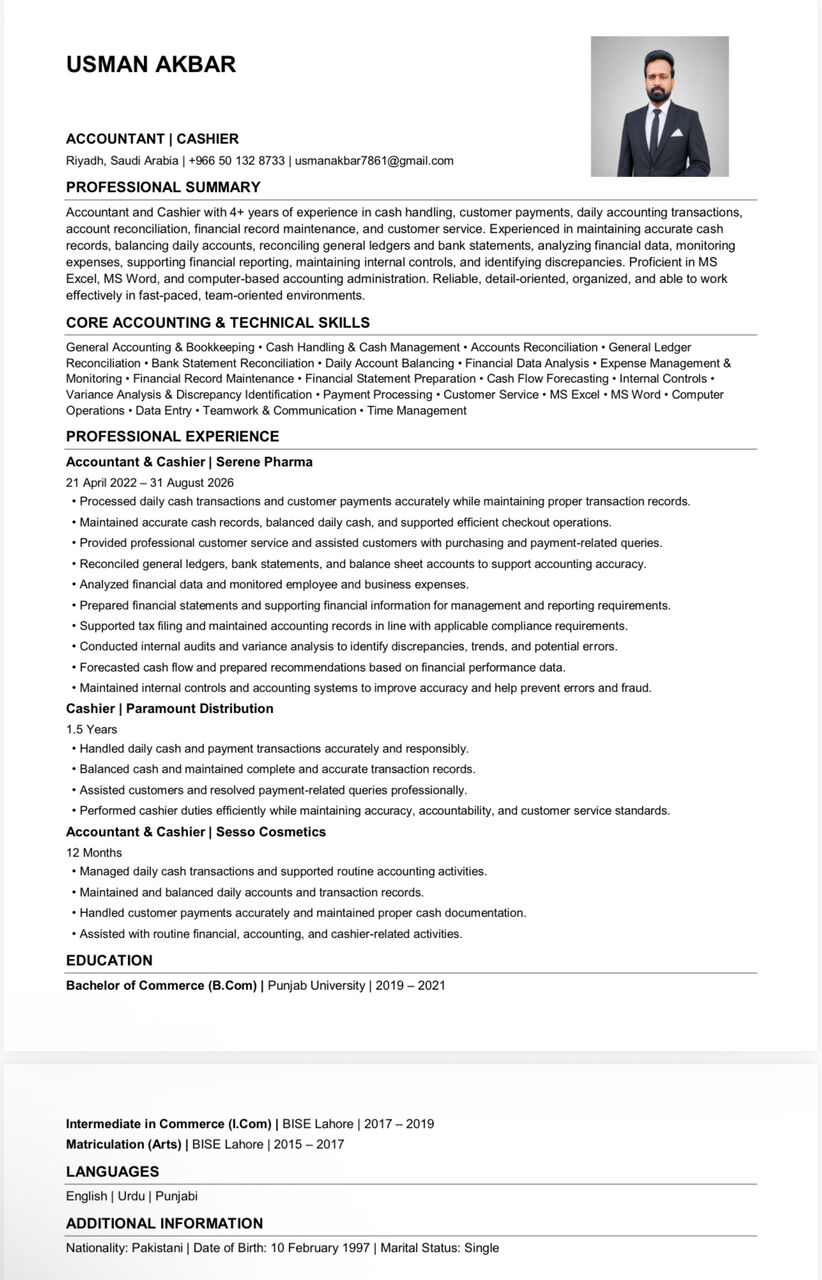 Riyadh, Job Seekers, Acountant And Cashier