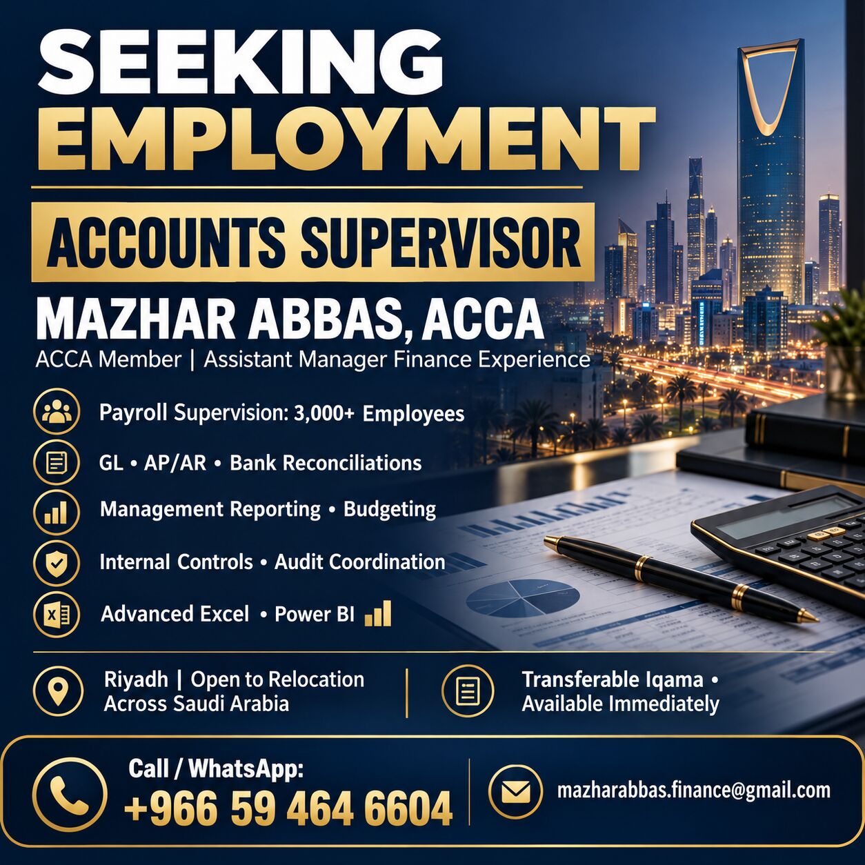Bisha, Job Seekers, Accounts Supervisor Seeking Job | ACCA Member | Transferable Iqama
