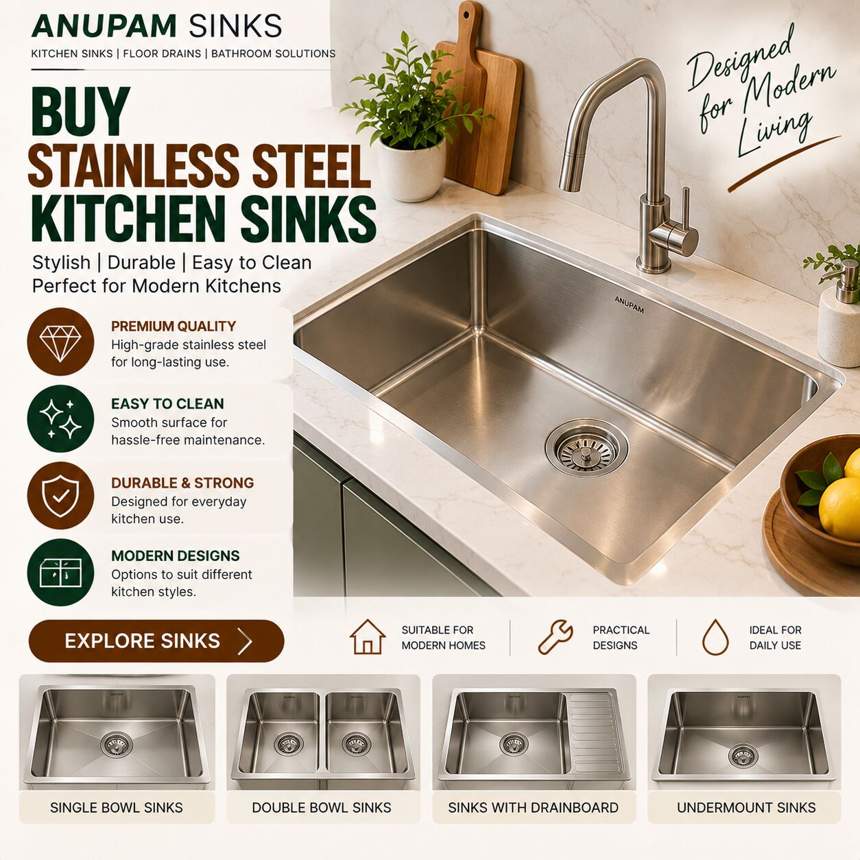New Delhi, Household Items, INR 40990,  Shop Stainless Steel Kitchen Sinks At Anupam Sinks