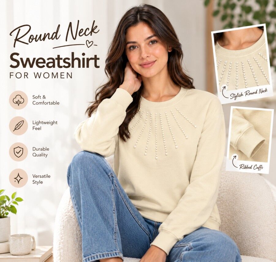 Noida, Clothing & Accessories, INR 999,  Daily Wear Off White Round Neck Sweatshirt For Women
