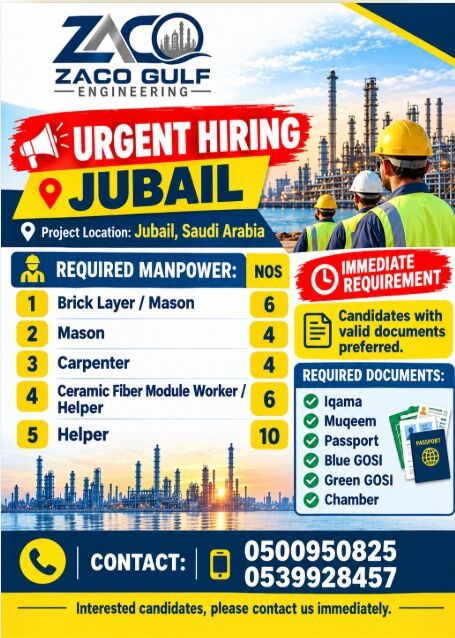 Jubail, Jobs, Urgent Requirement Mason, Carpenter