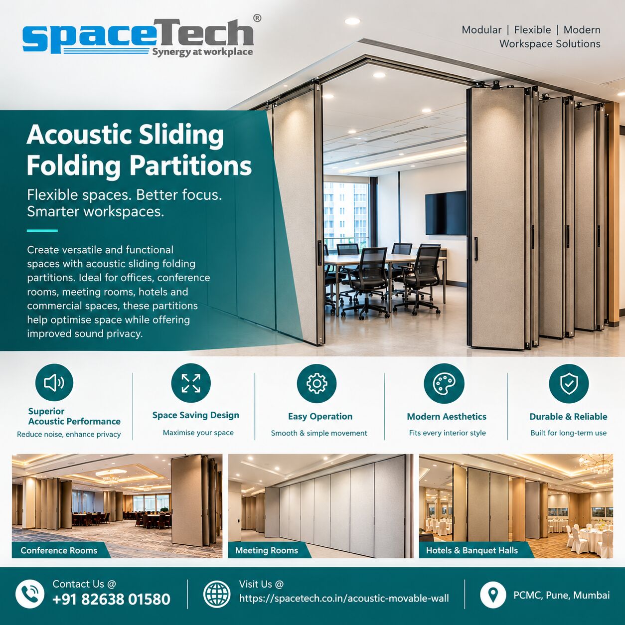 Pune, Construction, Acoustic Sliding Folding Partitions | Contact Us @ 82638 01580