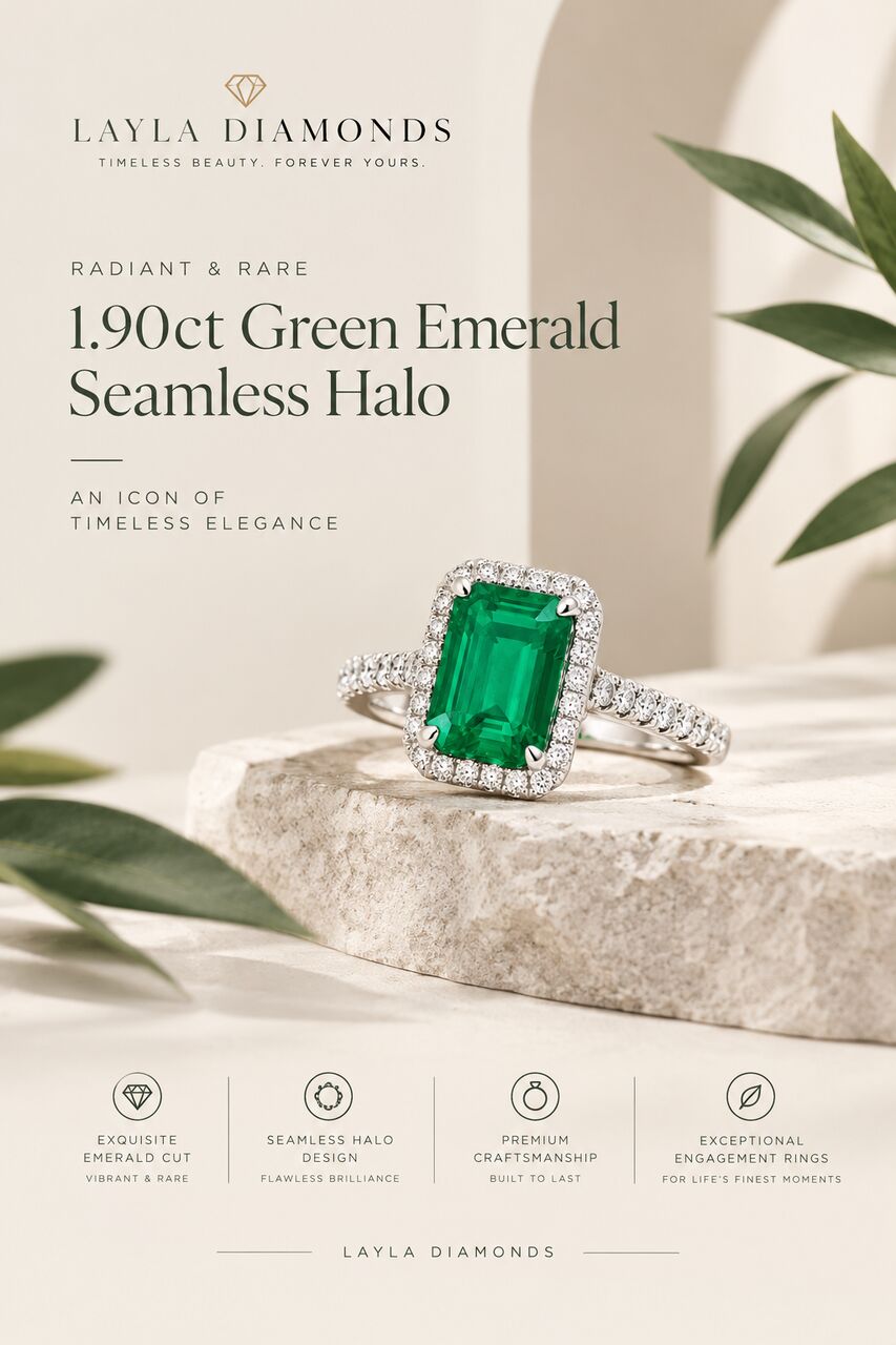 London, Jewelry, GBP 3950,  Layla Diamonds | 1.90ct Green Emerald Seamless Halo Engagement Ring