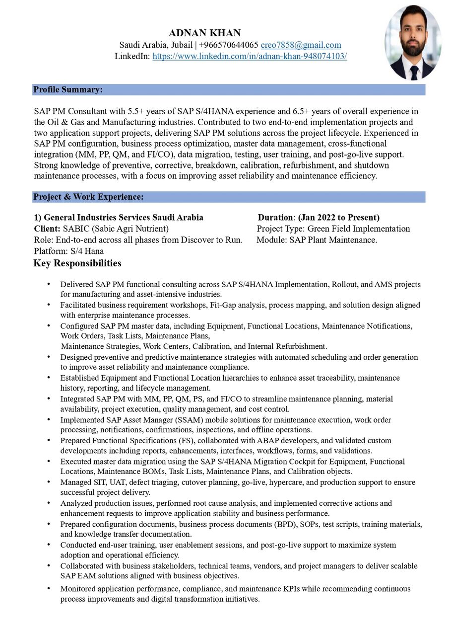 Riyadh, Job Seekers, SAP PM/EAM Consultant