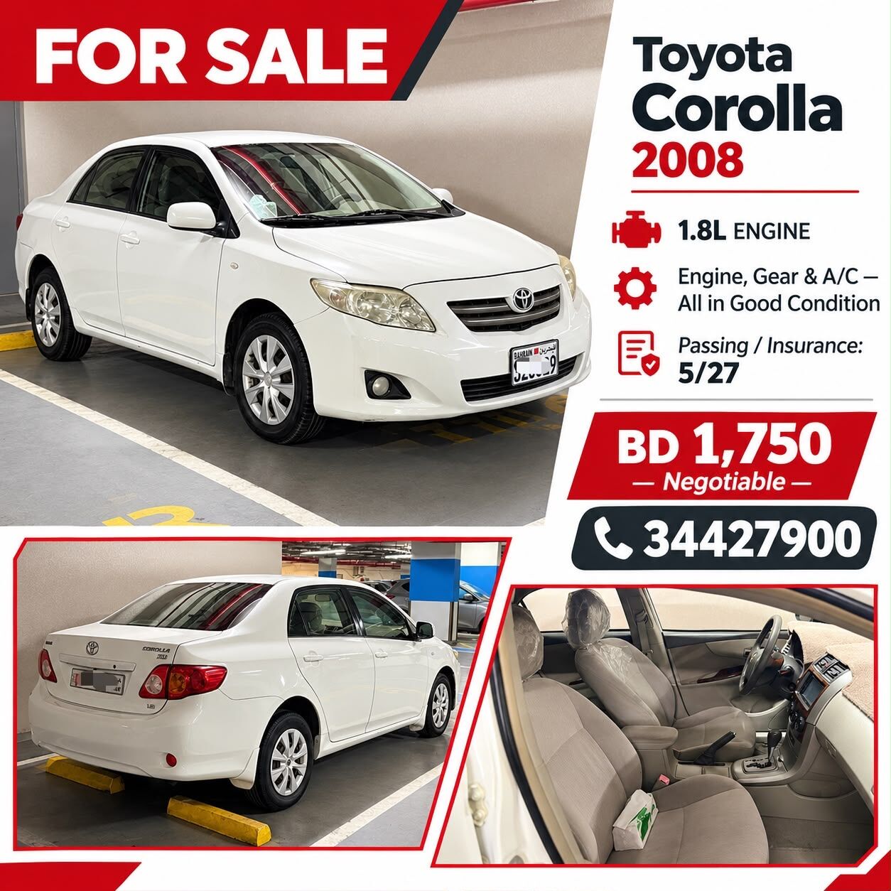 Budaiya, Vehicles, Cars & Trucks , BHD 1750,  Toyota Corolla,  2008,  Automatic,  122345 KM,