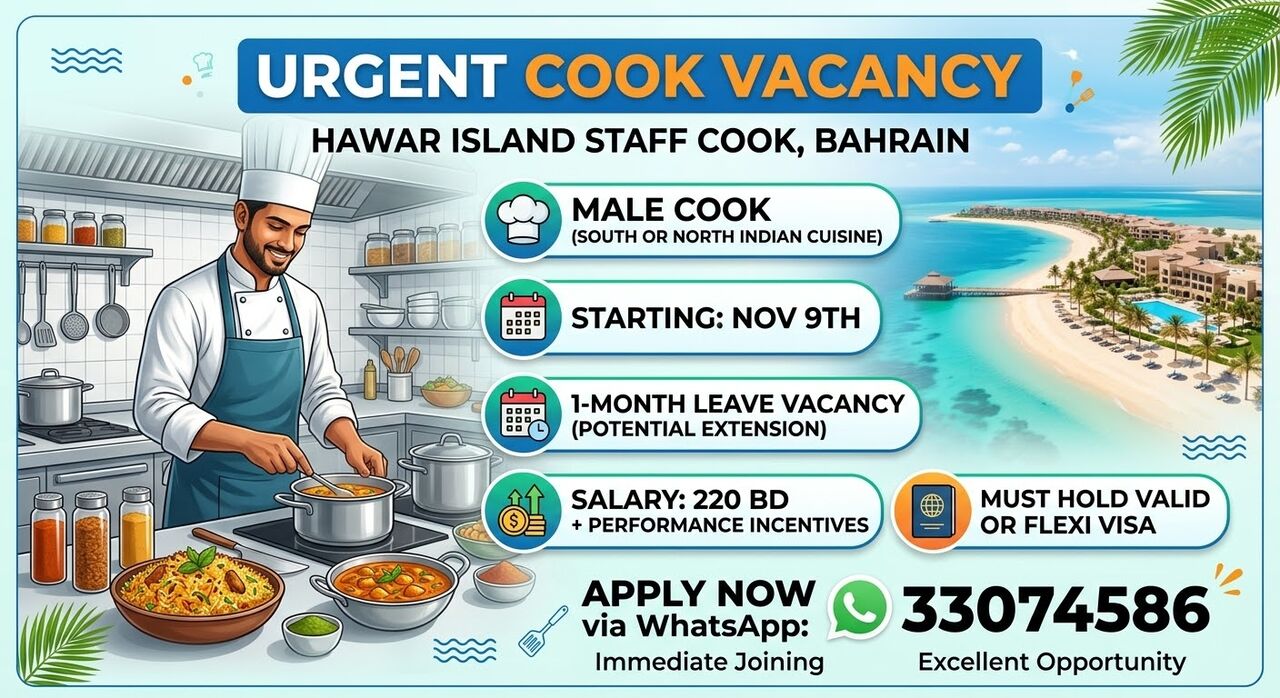 Manama, Jobs, Male Cook South Indian Or North Indian