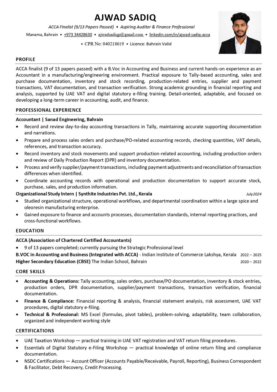 Manama, Job Seekers, Accountant I ACCA Finalisit