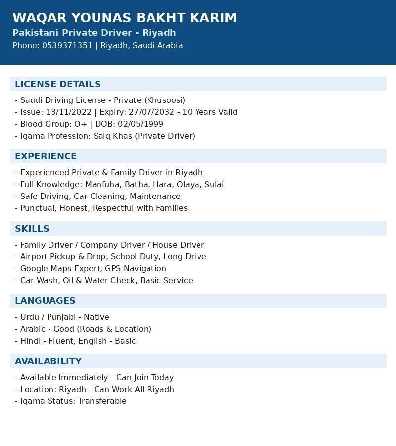 Riyadh, Job Seekers, Pakistani Driver Saiq Khas,I Need A House Looking For Family Driver Job