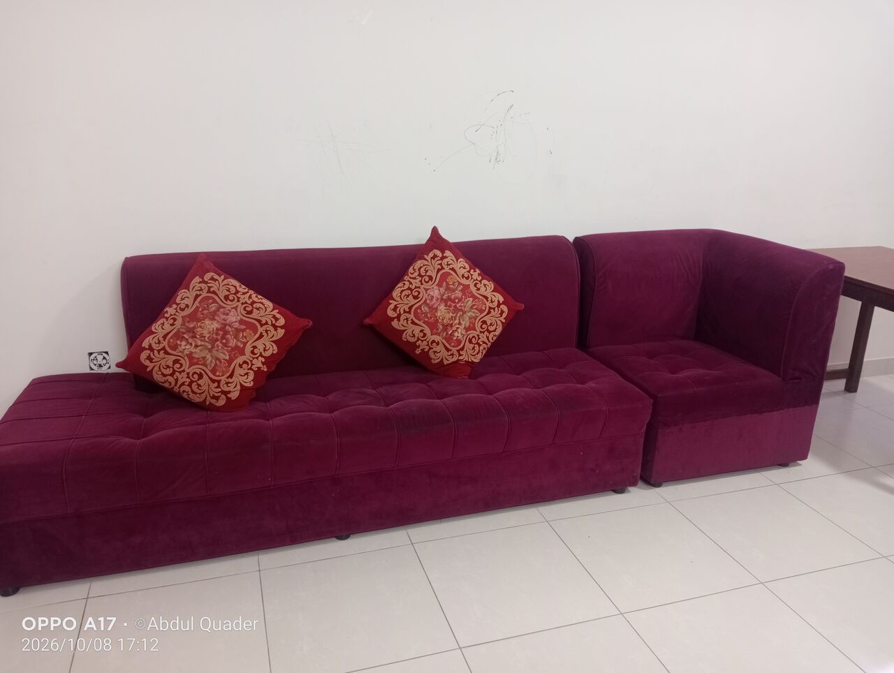 Manama City Centre, Furniture, BHD 45,  URJENT SELL Maroon Sofa Set For Sale &ndash; 3 Seater + Corner + Side Tables