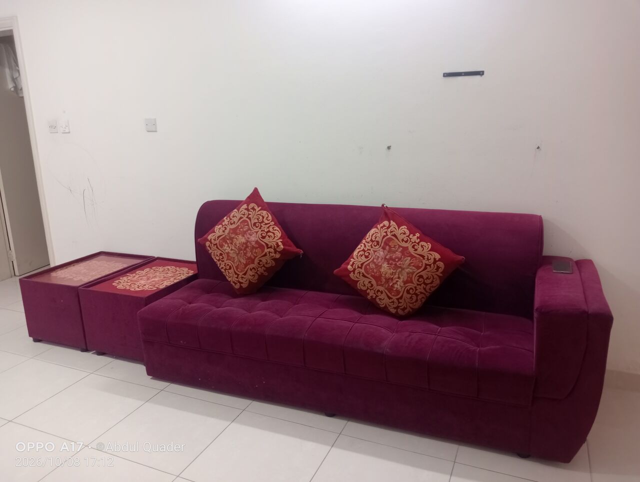 Manama City Centre, Furniture, BHD 45,  URJENT SELL Maroon Sofa Set For Sale &ndash; 3 Seater + Corner + Side Tables