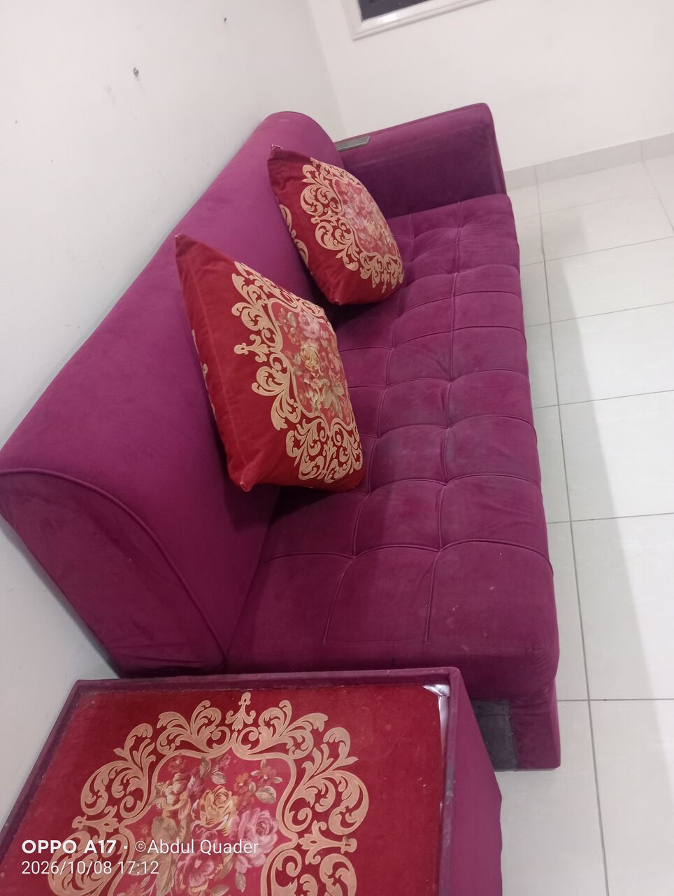 Manama City Centre, Furniture, BHD 45,  URJENT SELL Maroon Sofa Set For Sale &ndash; 3 Seater + Corner + Side Tables