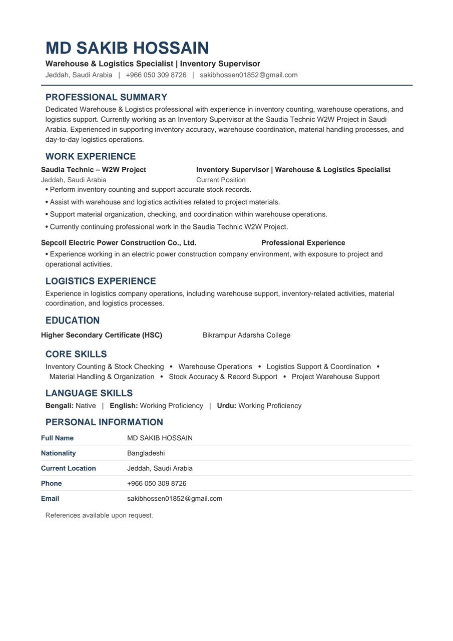 Jeddah, Job Seekers, Experienced Warehouse Supervisor / Inventory Lead Available In Jeddah