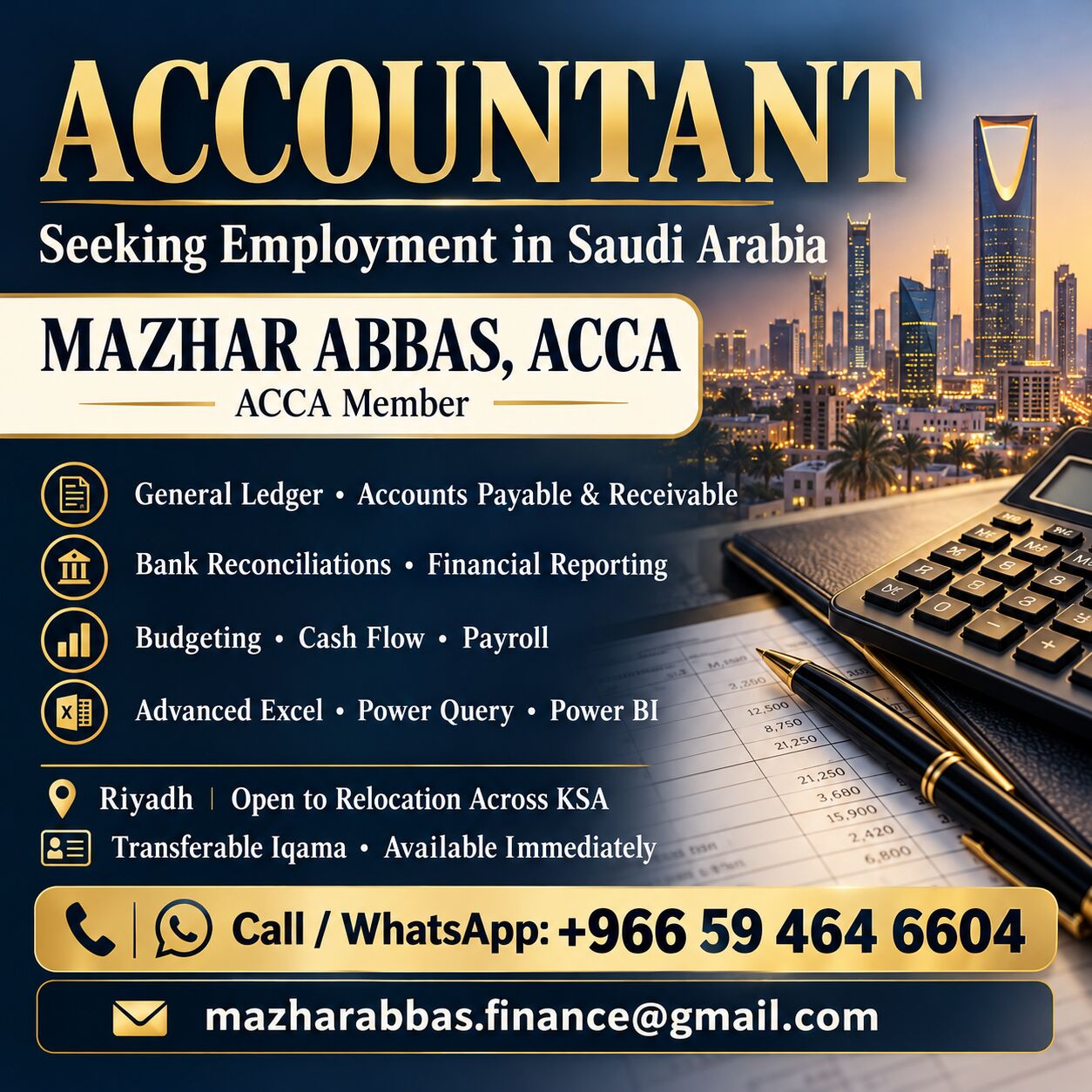 Bisha, Job Seekers, Accountant Available Immediately | ACCA Member | Advanced Excel & Power BI