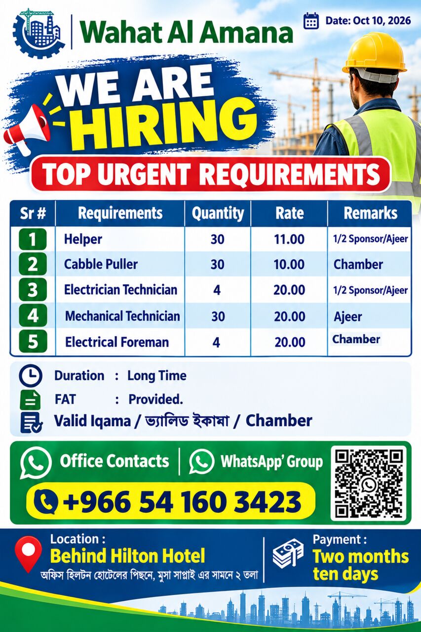 Jubail, Jobs, Urgently Recruitment Helper, Cable Puller, E & I Technician And Foreman