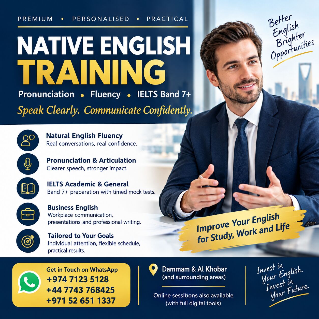 Dammam, Lessons Offered, Native English Training | IELTS Band 7+ | Pronunciation & Fluency