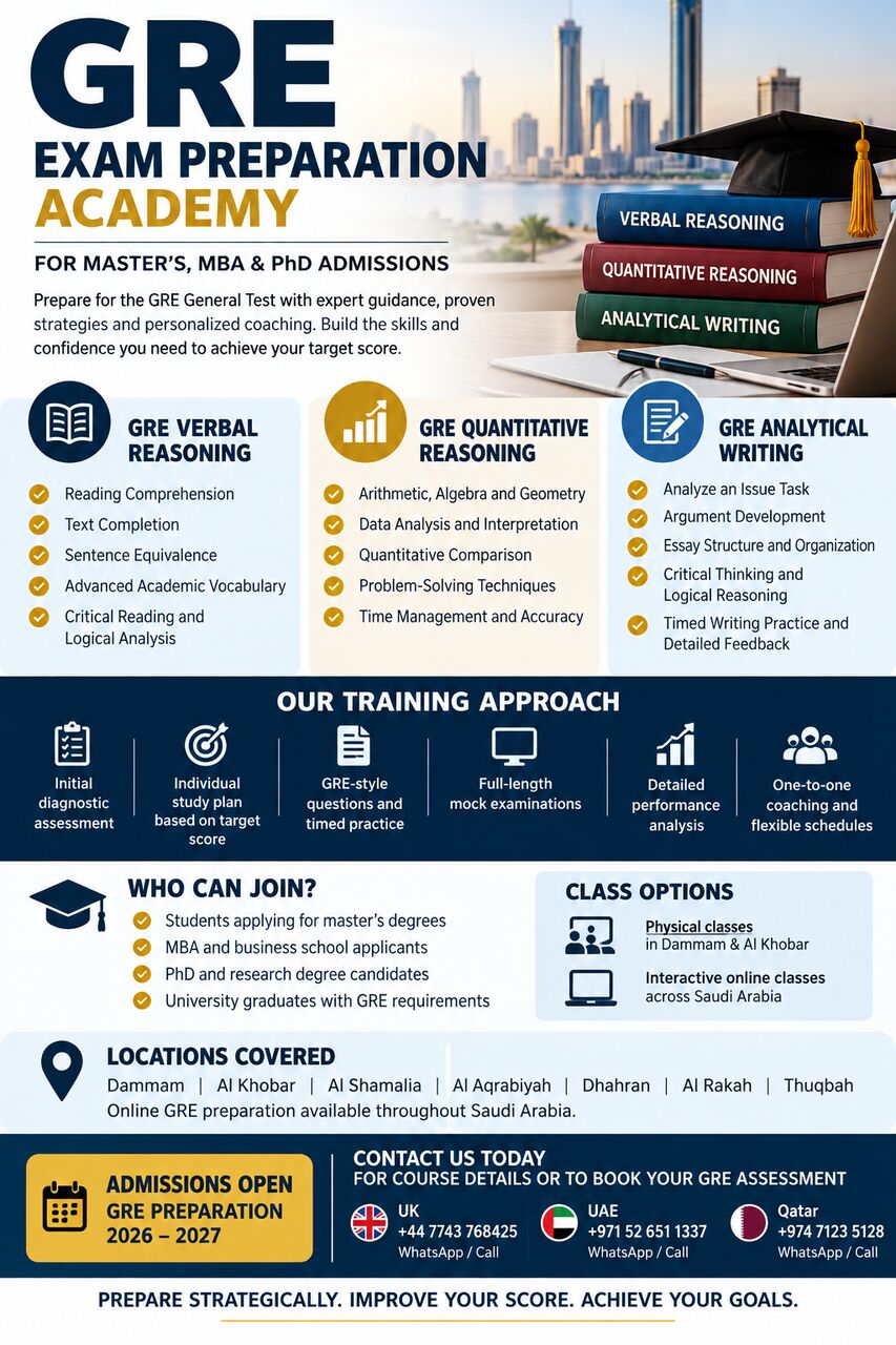 Dammam, Lessons Offered, GRE Exam Preparation Academy &ndash; Verbal, Quantitative & Analytical Writing | Dammam