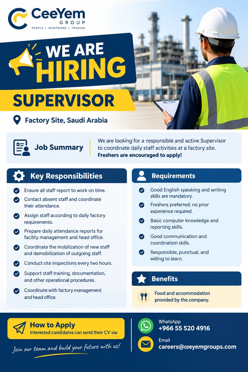 Riyadh, Jobs, URGENT HIRING: LABOUR  SUPERVISOR