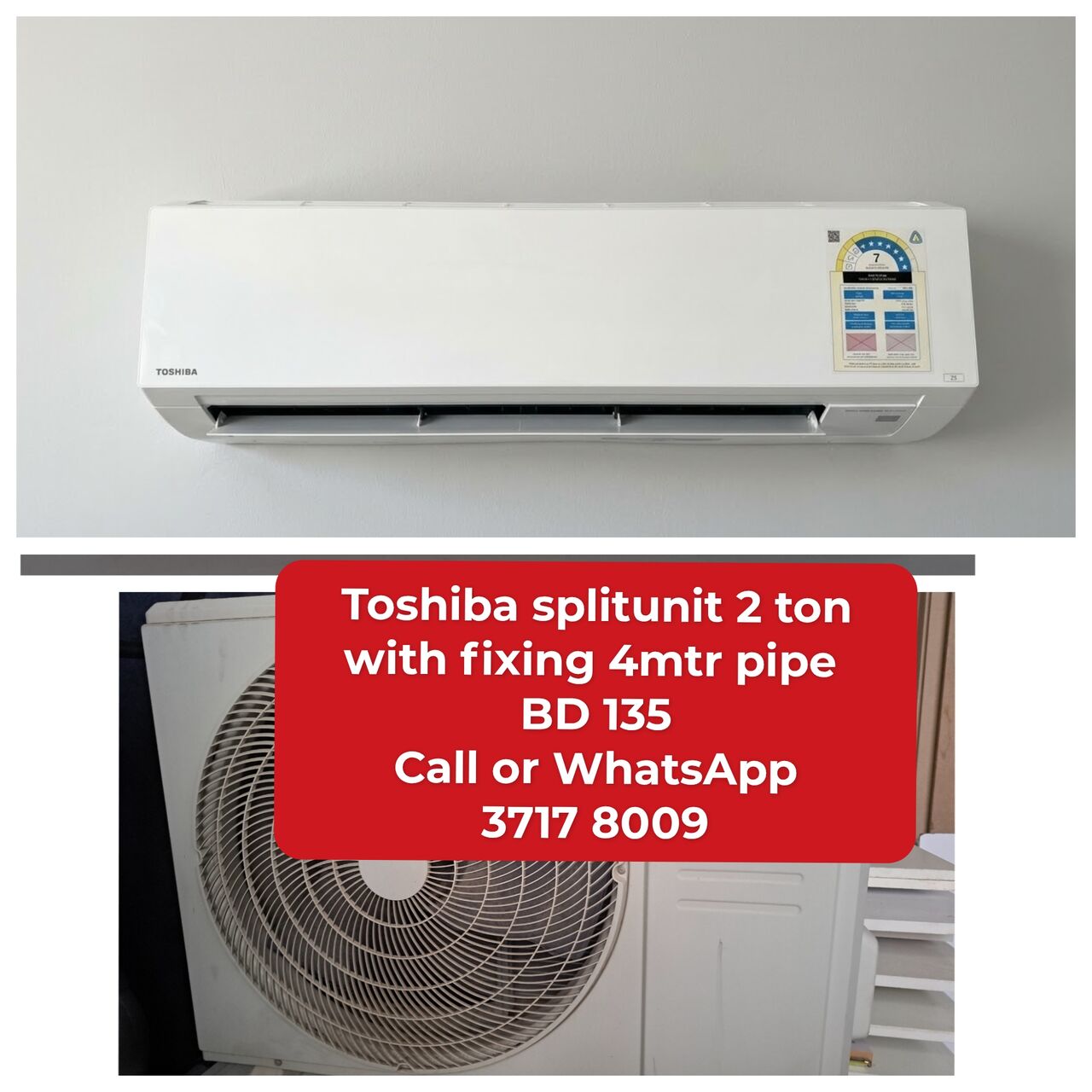 Manama, Air Conditioners, BHD 135,  @@Toshiba Splitunit 2 Ton In Good Condition For Sale With Delivery And Fixing