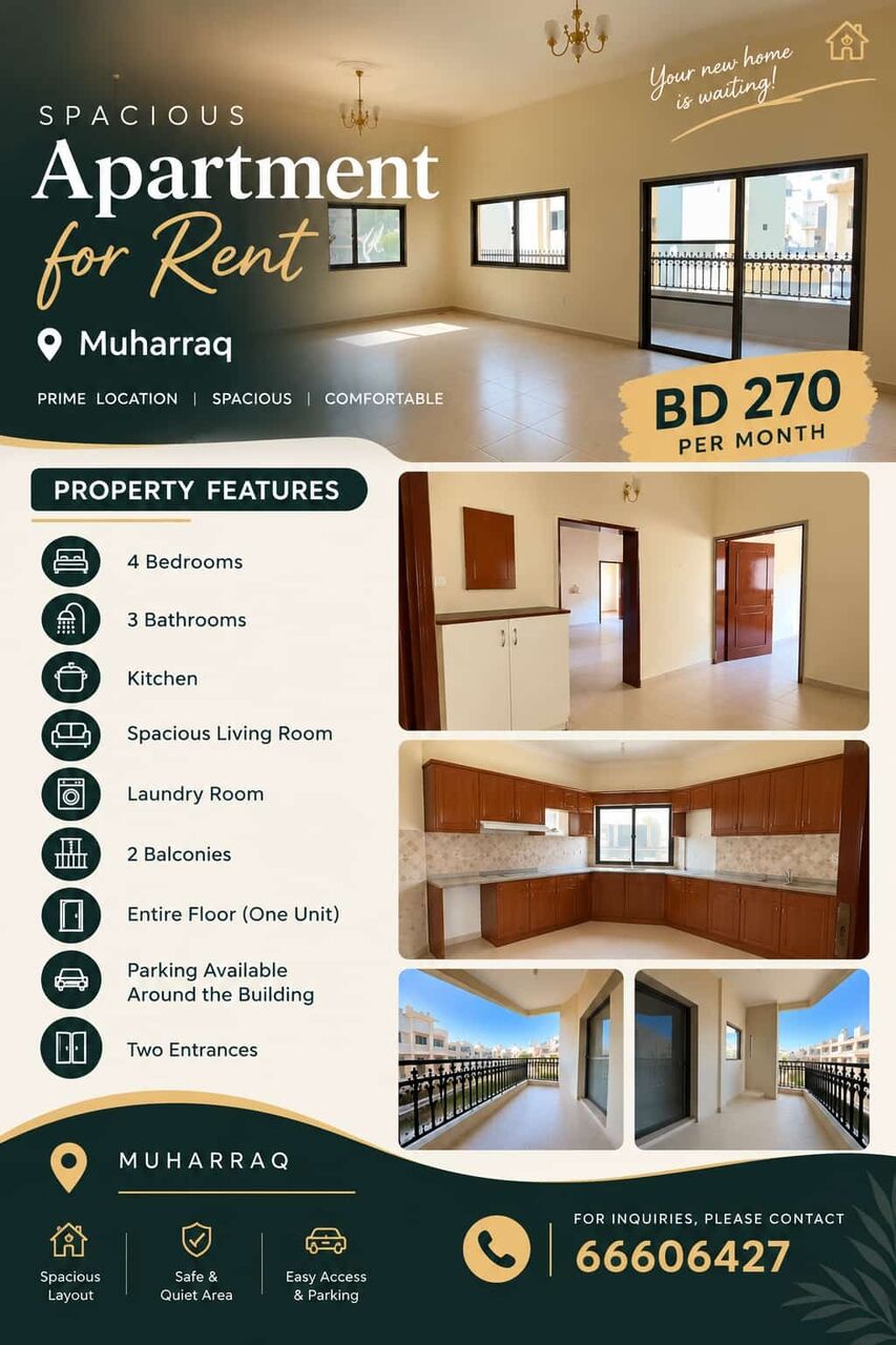 Muharraq, Apartments, Flats, Houses & Villas, BHD 270/month,  4 BR,  Spacious 4 BHK Apartment/ No Lift / 1st Floor