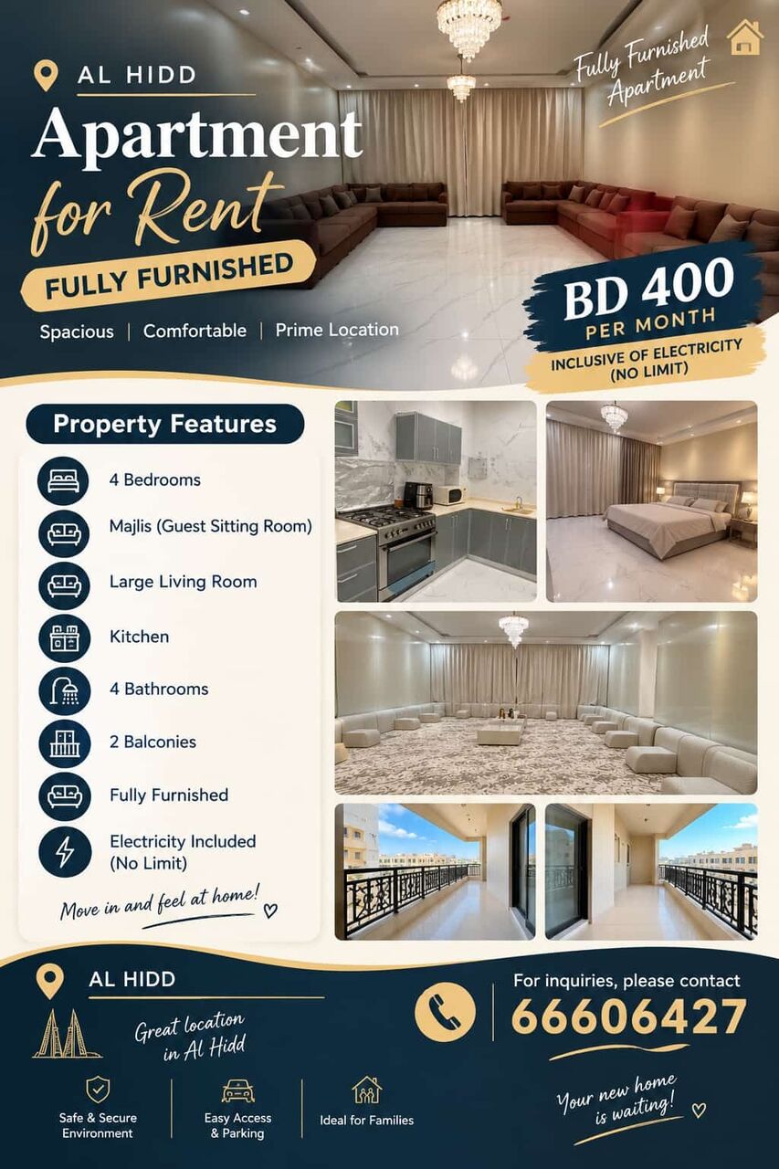 Hidd, Apartments, Flats, Houses & Villas, BHD 400/month,  4 BR,  Spacious Furnished 4BHK With Unlimited Ewa