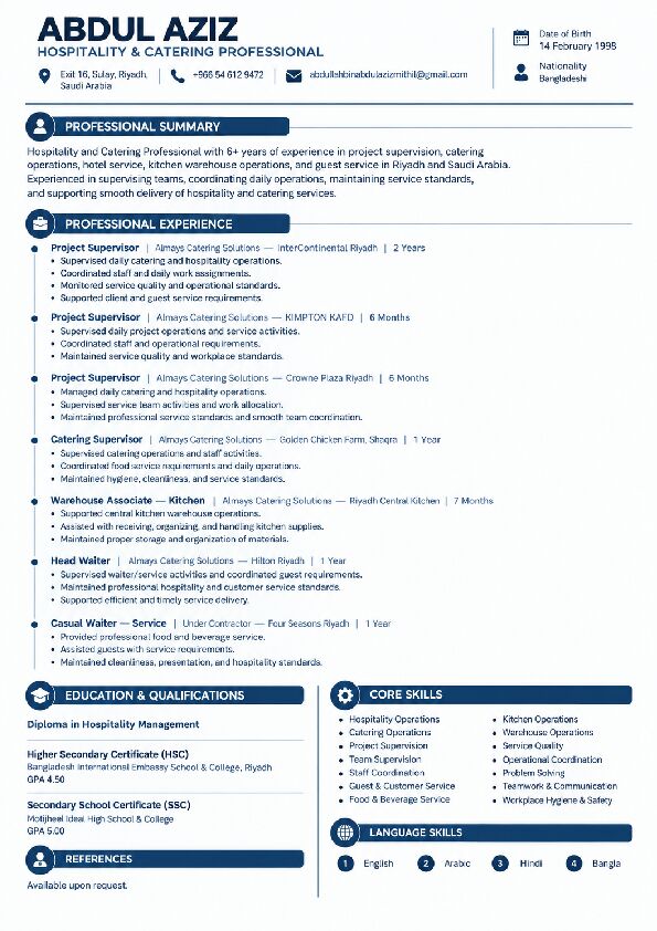 Riyadh, Job Seekers, Catering Supervisor, Head Waiter, Hospitality