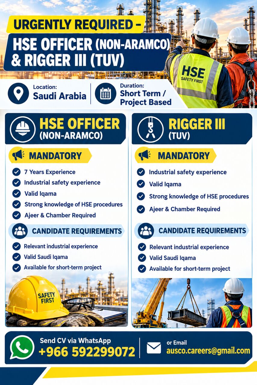 Khobar, Jobs, URGENTLY REQUIRED &ndash; HSE Officer (NON-ARAMCO) & RIGGER III (TUV)