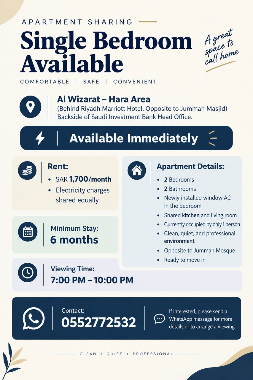 Al Wizarat, Apartments, Flats, Houses & Villas, SAR 1700/month,  1 BR,  Fully Furnished One Master Bed Room , Separate Toilet Available For Indian Executive