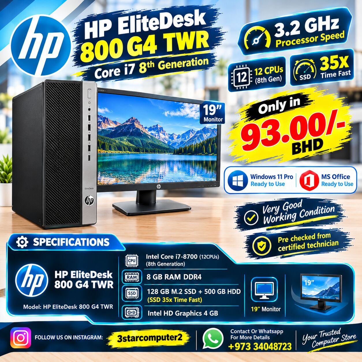 Manama, Computers, BHD 93,  HP Core I7 8th Gen PC 3.2GHz (12CPUs) RAM 8GB SSD 35x Time Fast 19" Monitor Ready To Use