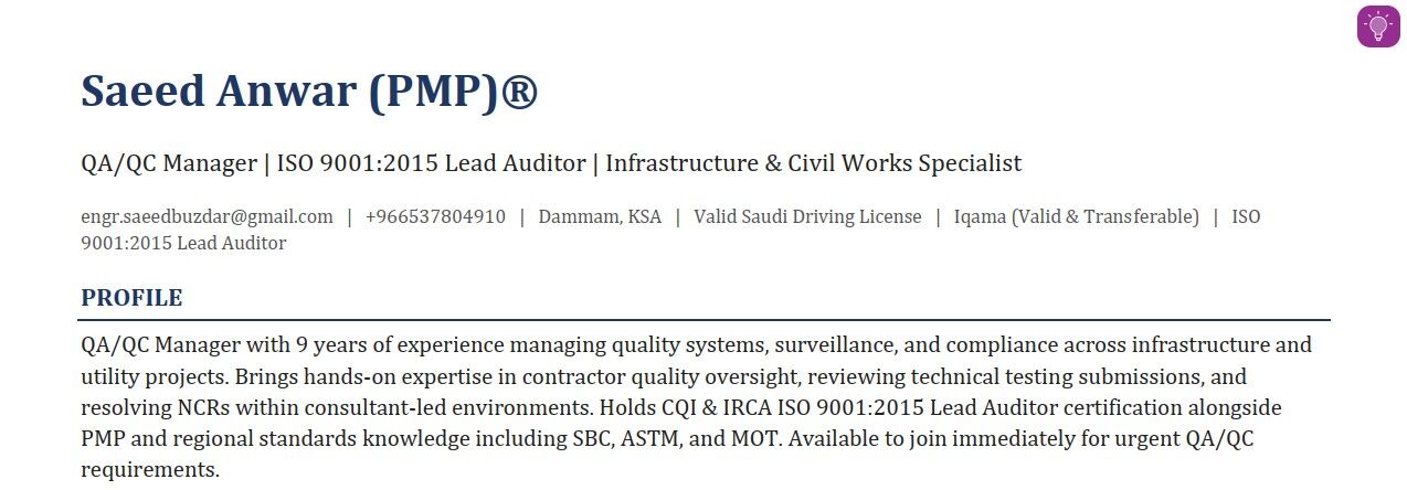 Dammam, Job Seekers, QA/QC Manager  | PMP | ISO 9001 Lead Auditor | 9 Yrs KSA | Dammam