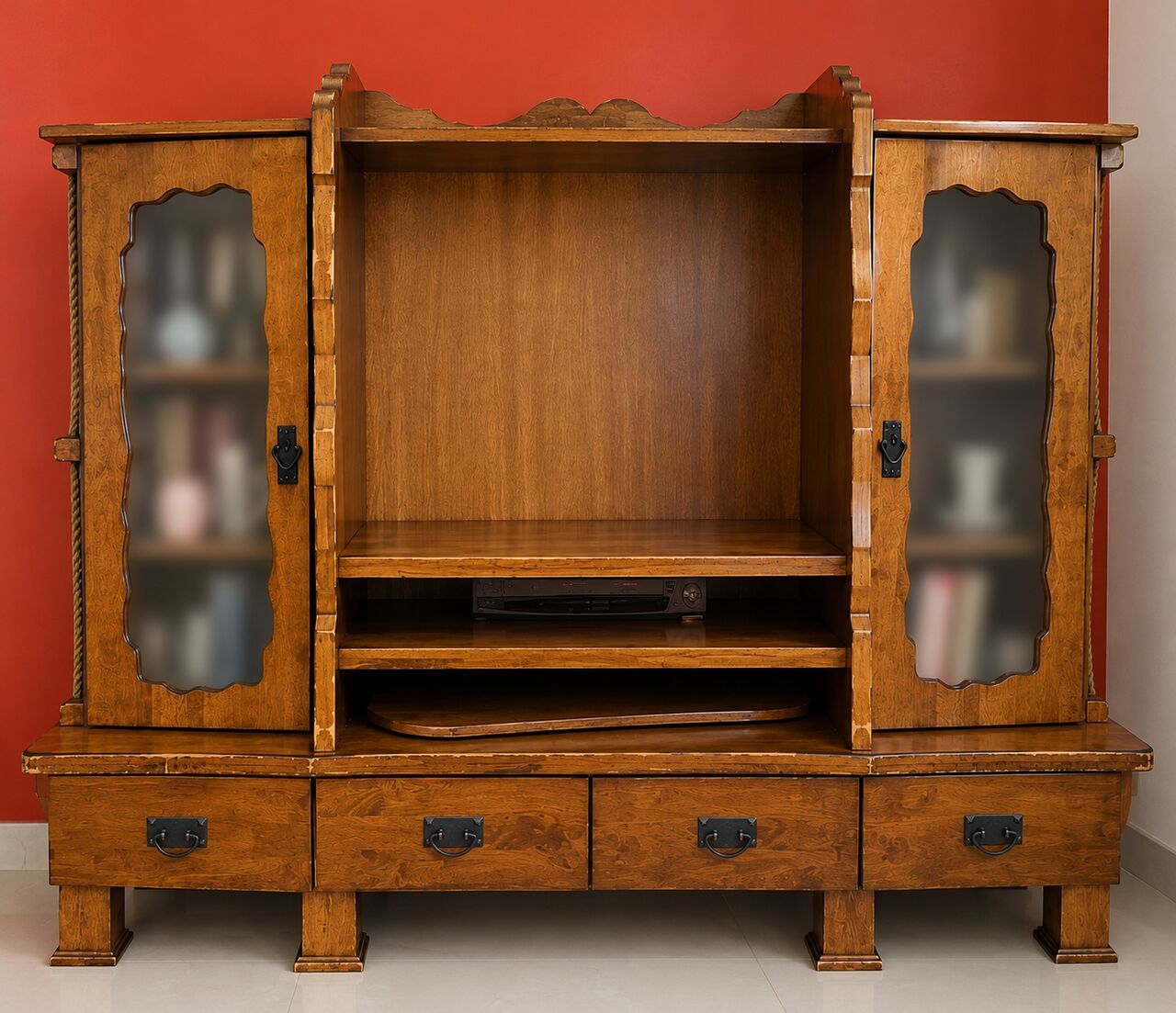 Riyadh, Furniture, SAR 600,  Classic Natural Wood TV Entertainment Center With Glass Display Cabinets & Storage