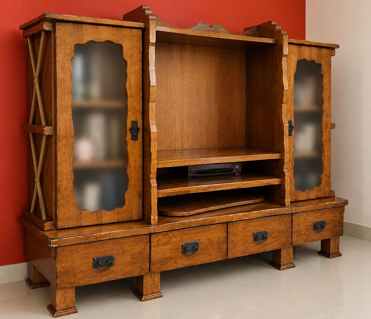 Riyadh, Furniture, SAR 600,  Classic Natural Wood TV Entertainment Center With Glass Display Cabinets & Storage