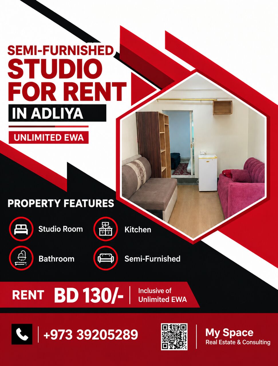 Adliya, Apartments, Flats, Houses & Villas, BHD 130/month,  Furnished,  Studio,  SEMI-FURNISHED STUDIO FOR RENT IN ADLIYA
