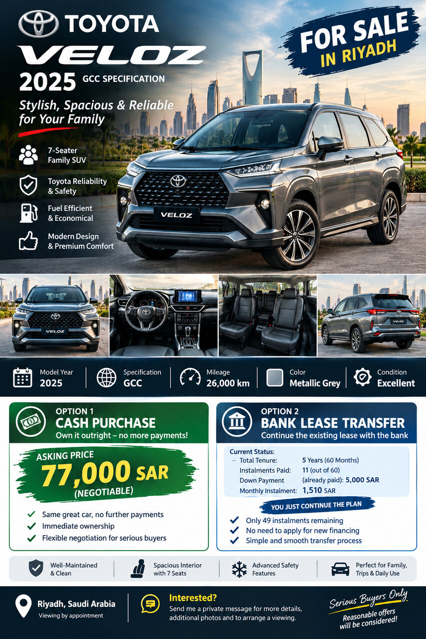 Riyadh, Vehicles, Cars & Trucks , SAR 77000,  Toyota Fortuner,  2025,  Automatic,  26000 KM,  Toyota Veloz Excellent Condition For Sale