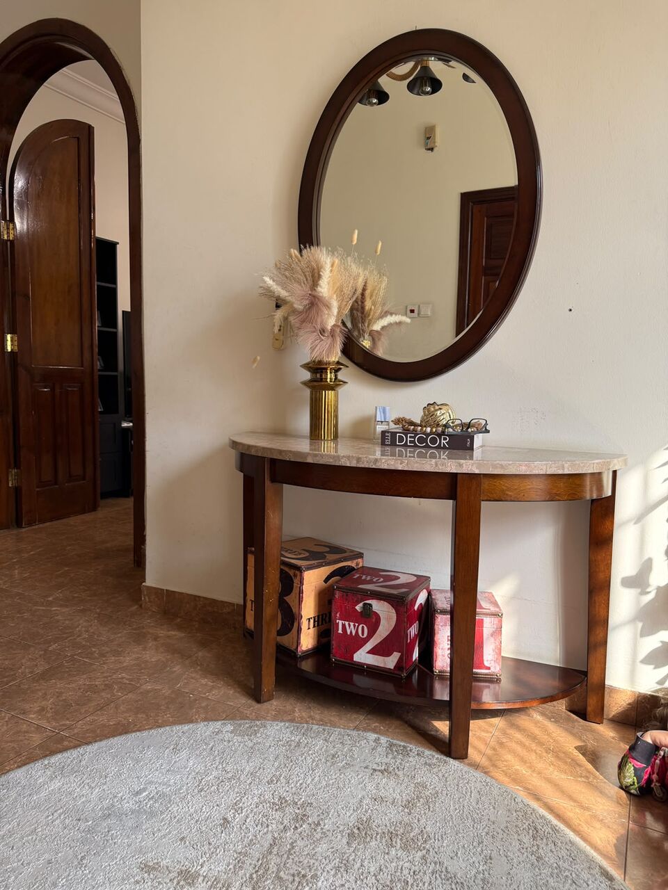 Salamah, Furniture, SAR 800,  For Sale: Elegant Wooden Entryway Console Table With Marble Top & Mirror | Home Centre
