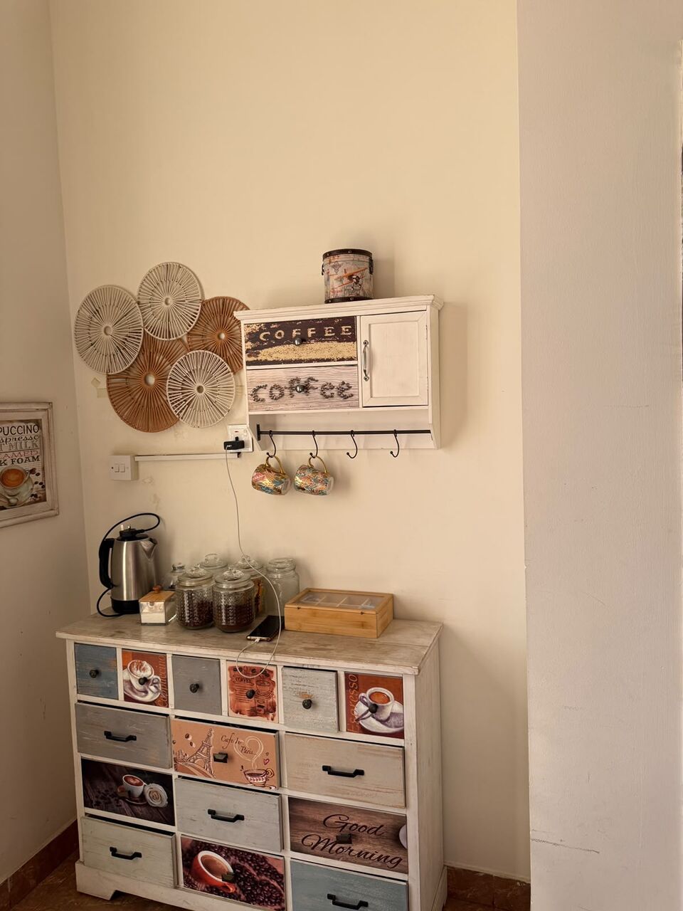 Salamah, Furniture, SAR 500,  For Sale: Complete Vintage-Style Coffee Corner Set &ndash; Wooden Cabinet, Wall Shelf & Decorati