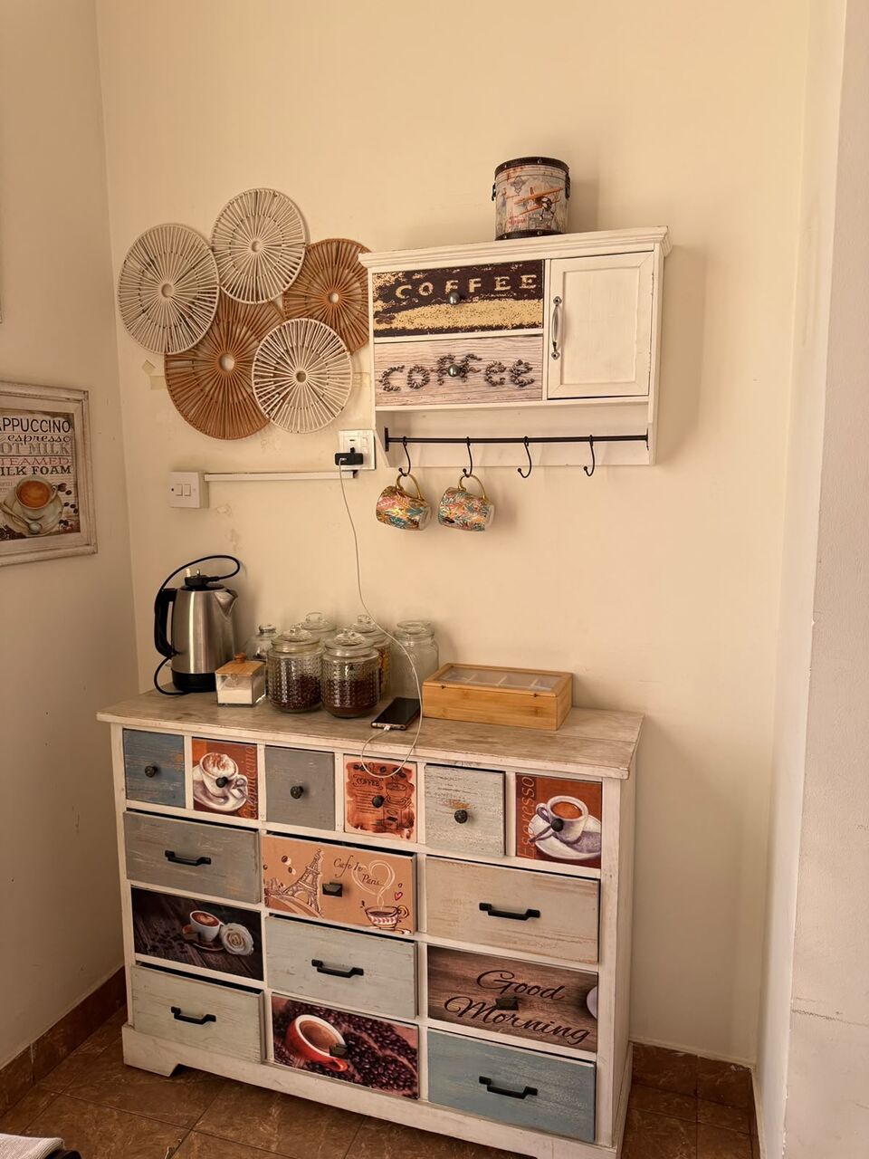 Salamah, Furniture, SAR 500,  For Sale: Complete Vintage-Style Coffee Corner Set &ndash; Wooden Cabinet, Wall Shelf & Decorati