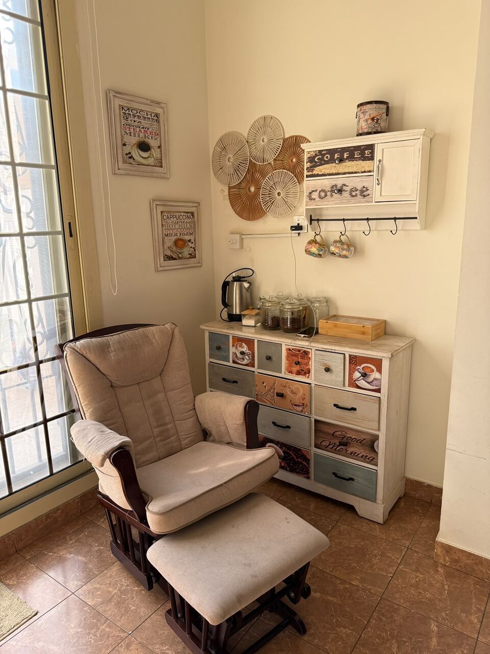 Salamah, Furniture, SAR 500,  For Sale: Complete Vintage-Style Coffee Corner Set &ndash; Wooden Cabinet, Wall Shelf & Decorati