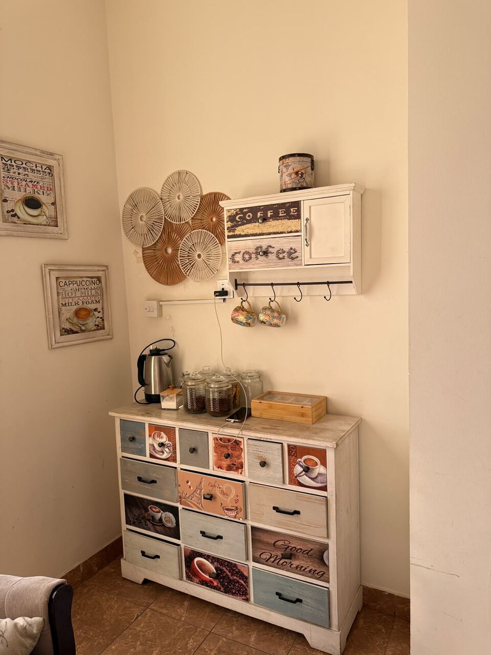 Salamah, Furniture, SAR 500,  For Sale: Complete Vintage-Style Coffee Corner Set &ndash; Wooden Cabinet, Wall Shelf & Decorati