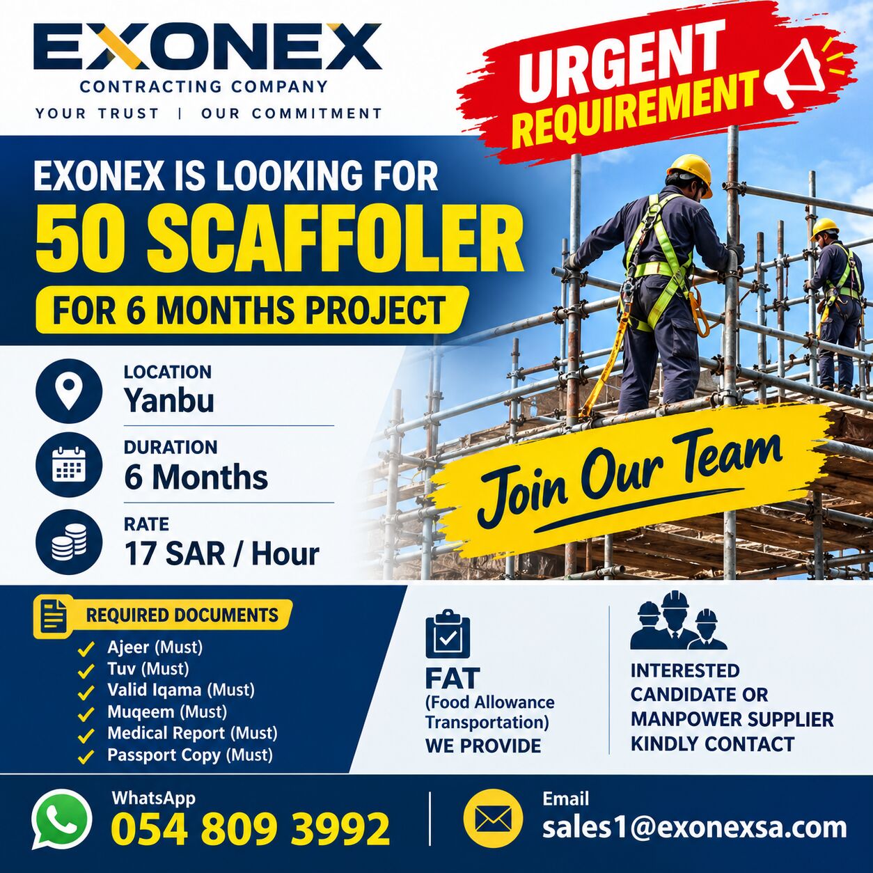 Yanbu, Jobs, Scaffolder With TUV & Ajeer - 50nos