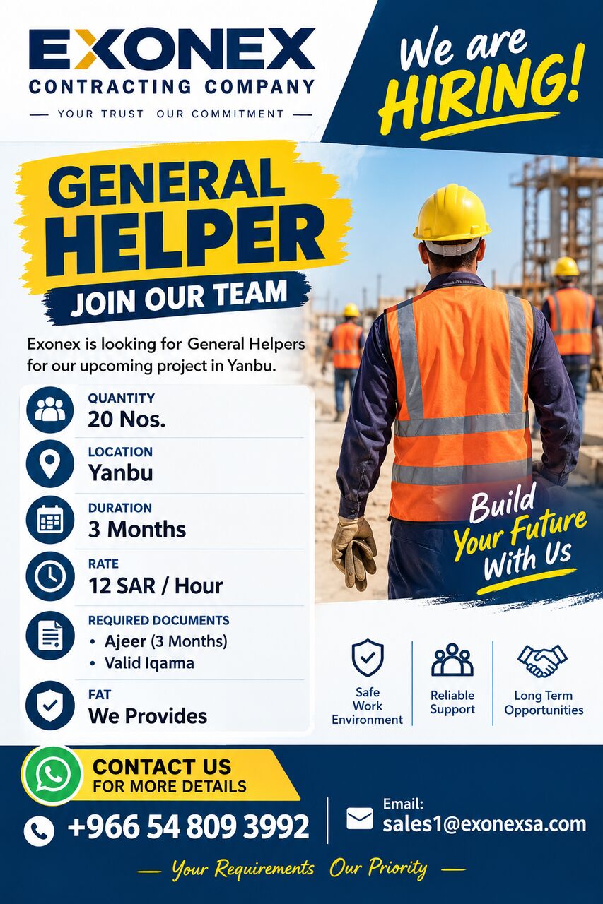 Yanbu, Jobs, General Helpers With 3 Months Updated Iqama & Ajeer - 20 Units